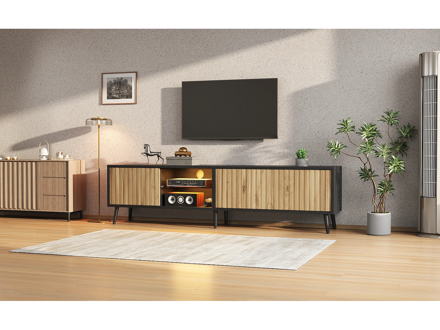 Moderner TV-Ständer fürs Wohnzimmer – 175 x 31 x 43,5 cm – mit 3 Türen, Ablagefach und LED-Beleuchtung – für 75-Zoll-Fernseher – Spanplatte – Natur