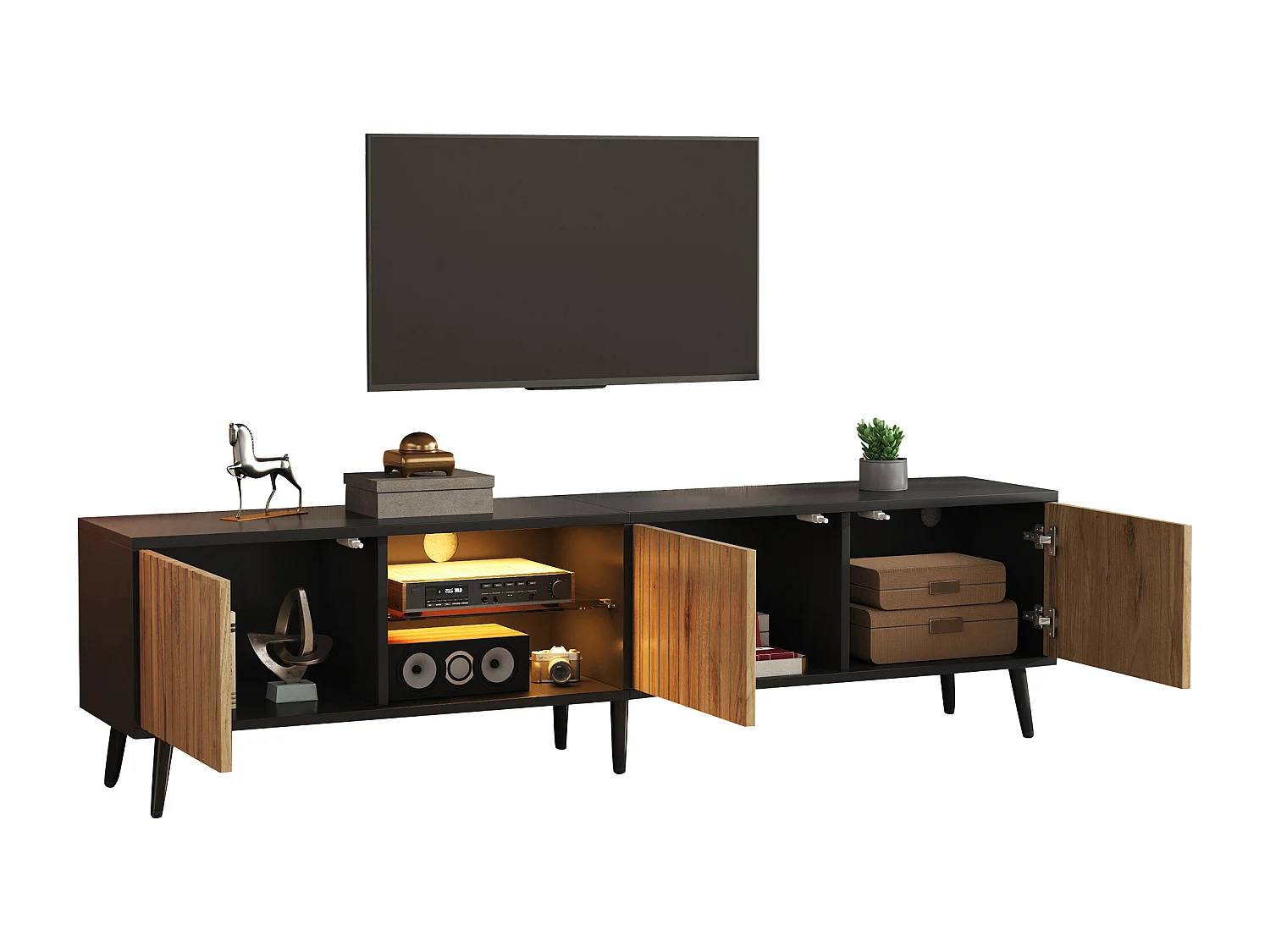 Moderner TV-Ständer fürs Wohnzimmer – 175 x 31 x 43,5 cm – mit 3 Türen, Ablagefach und LED-Beleuchtung – für 75-Zoll-Fernseher – Spanplatte – Natur