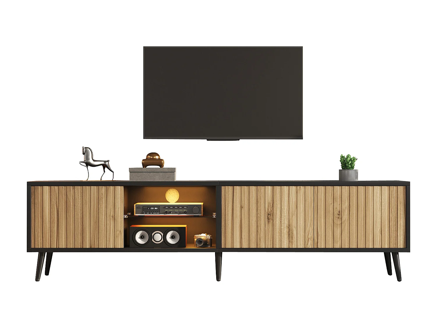 Moderner TV-Ständer fürs Wohnzimmer – 175 x 31 x 43,5 cm – mit 3 Türen, Ablagefach und LED-Beleuchtung – für 75-Zoll-Fernseher – Spanplatte – Natur