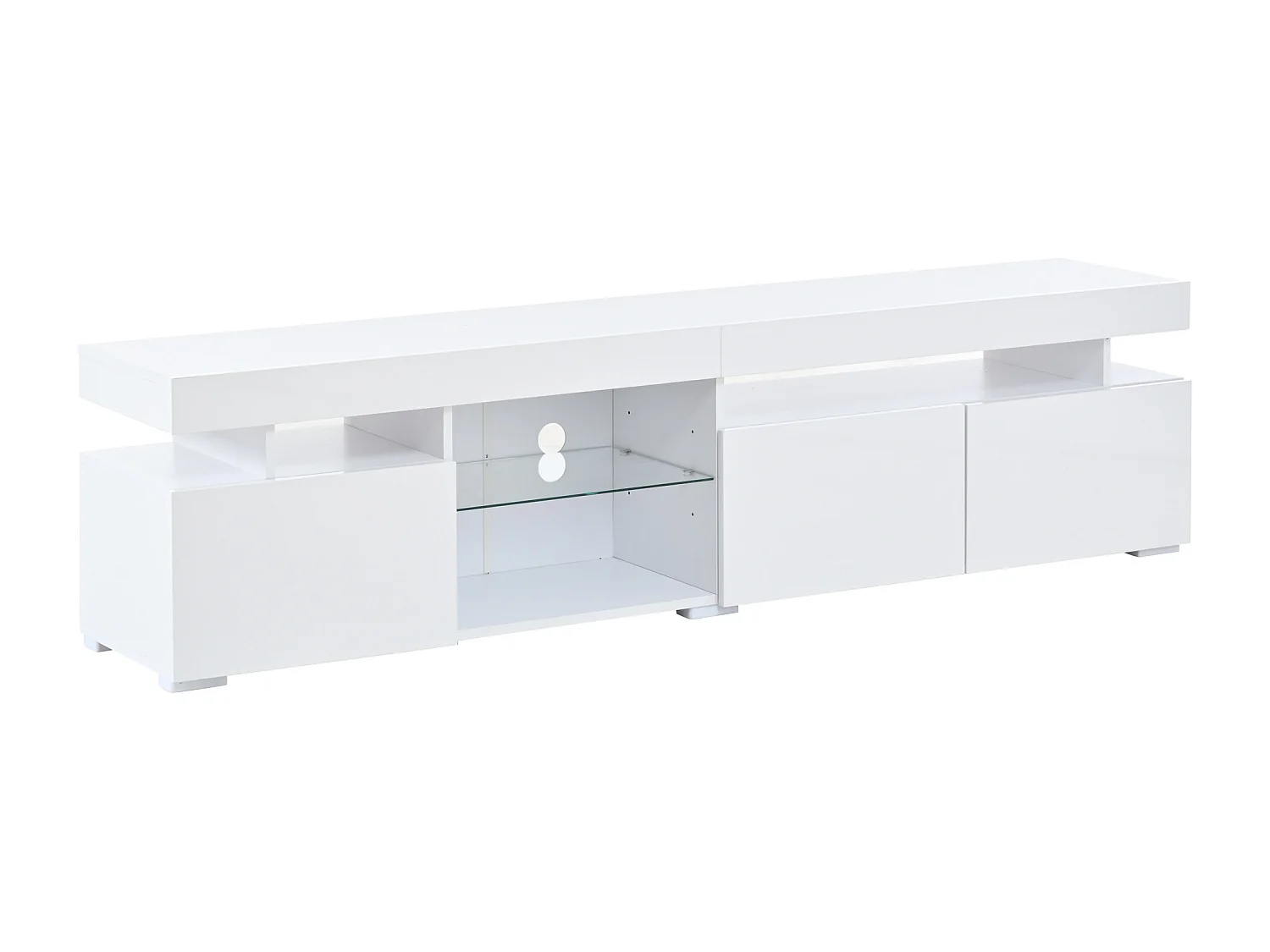 Meuble TV laquée brillante - 180 x 35 x 45 cm - avec 3 portes + étagères en verre trempé - pour TV 80 pouces - aggloméré - blanc