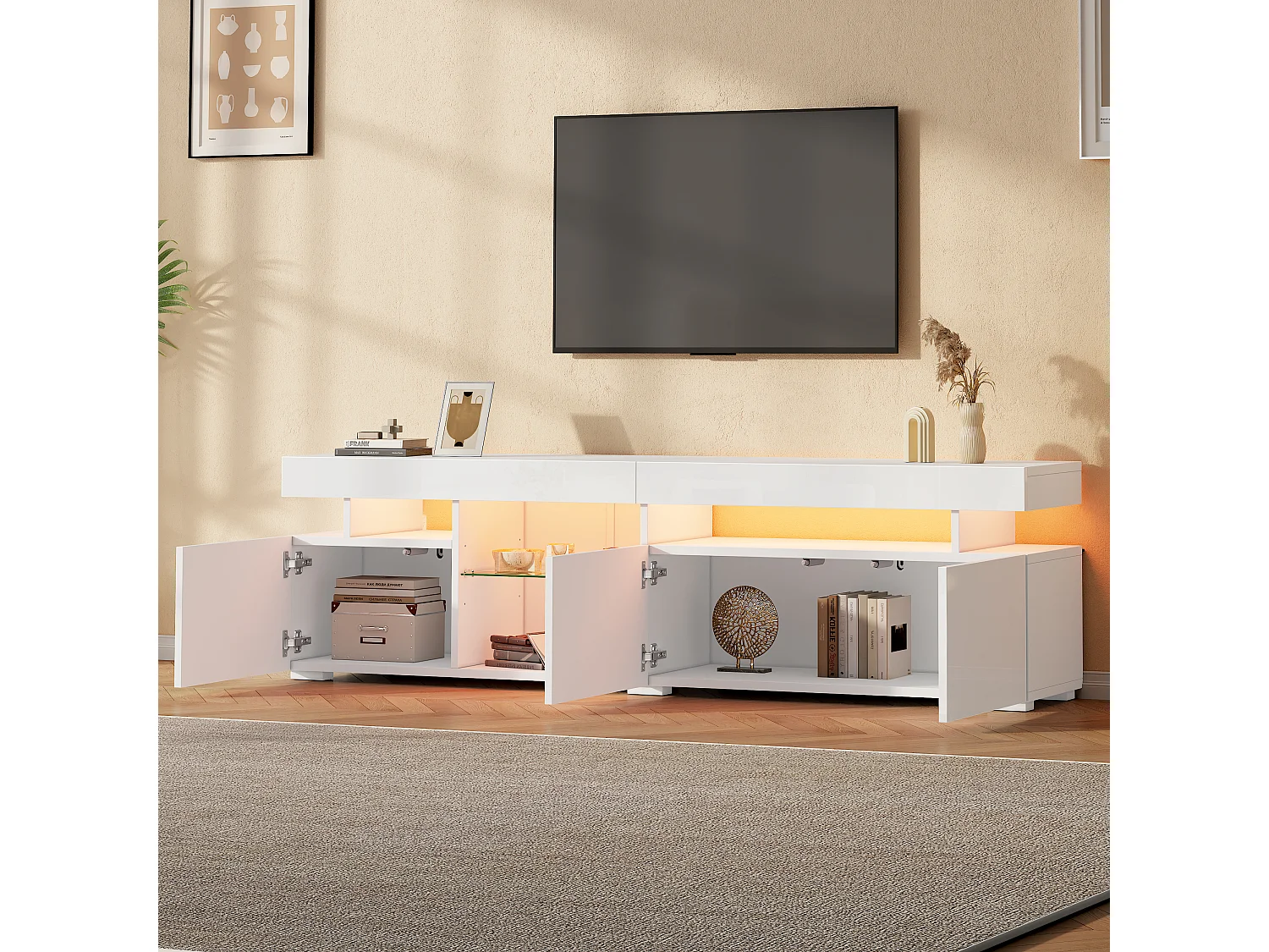 Meuble TV laquée brillante - 180 x 35 x 45 cm - avec 3 portes + étagères en verre trempé - pour TV 80 pouces - aggloméré - blanc