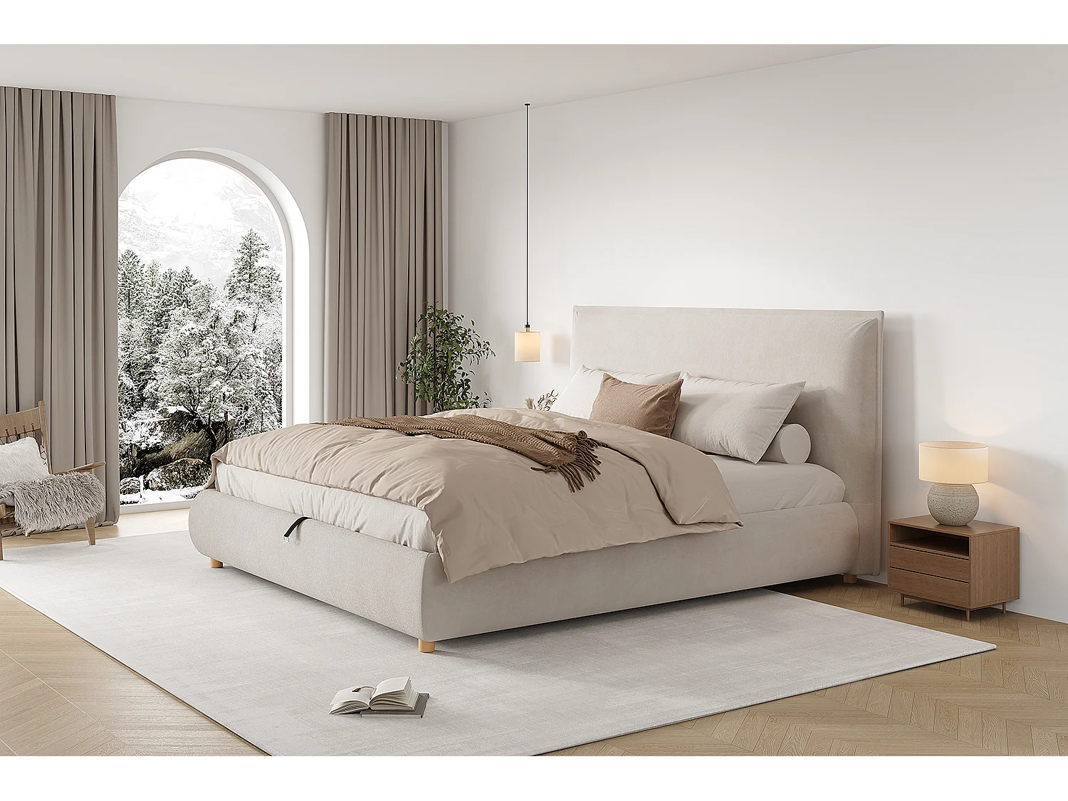 Lit coffre double - 180 x 200 cm - avec rangement hydraulique + tête de lit rembourrée - velours - Crème