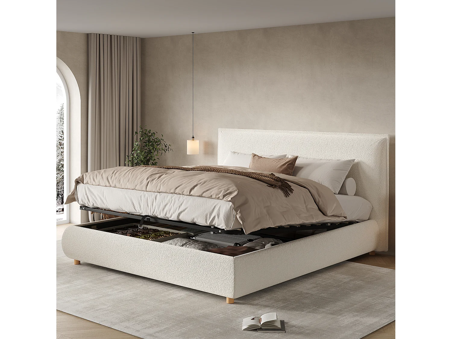 Lit coffre double - 180 x 200 cm - avec rangement hydraulique + tête de lit rembourrée - bouclé - blanc