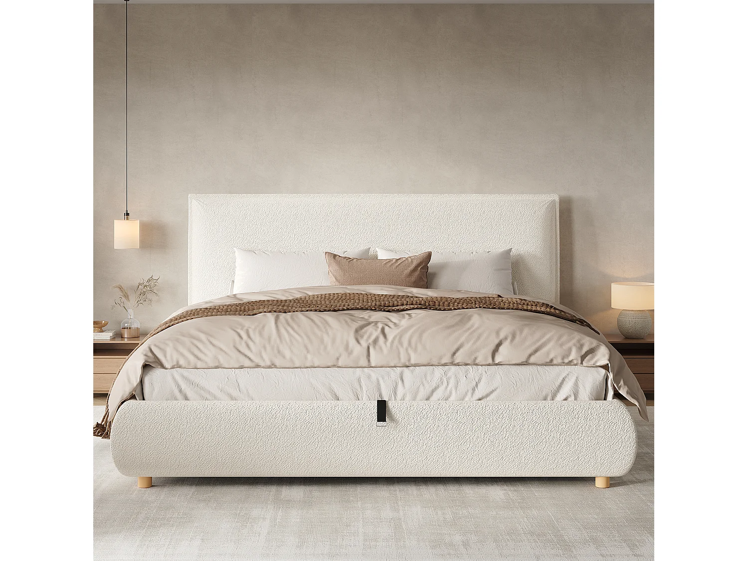 Lit coffre double - 180 x 200 cm - avec rangement hydraulique + tête de lit rembourrée - bouclé - blanc