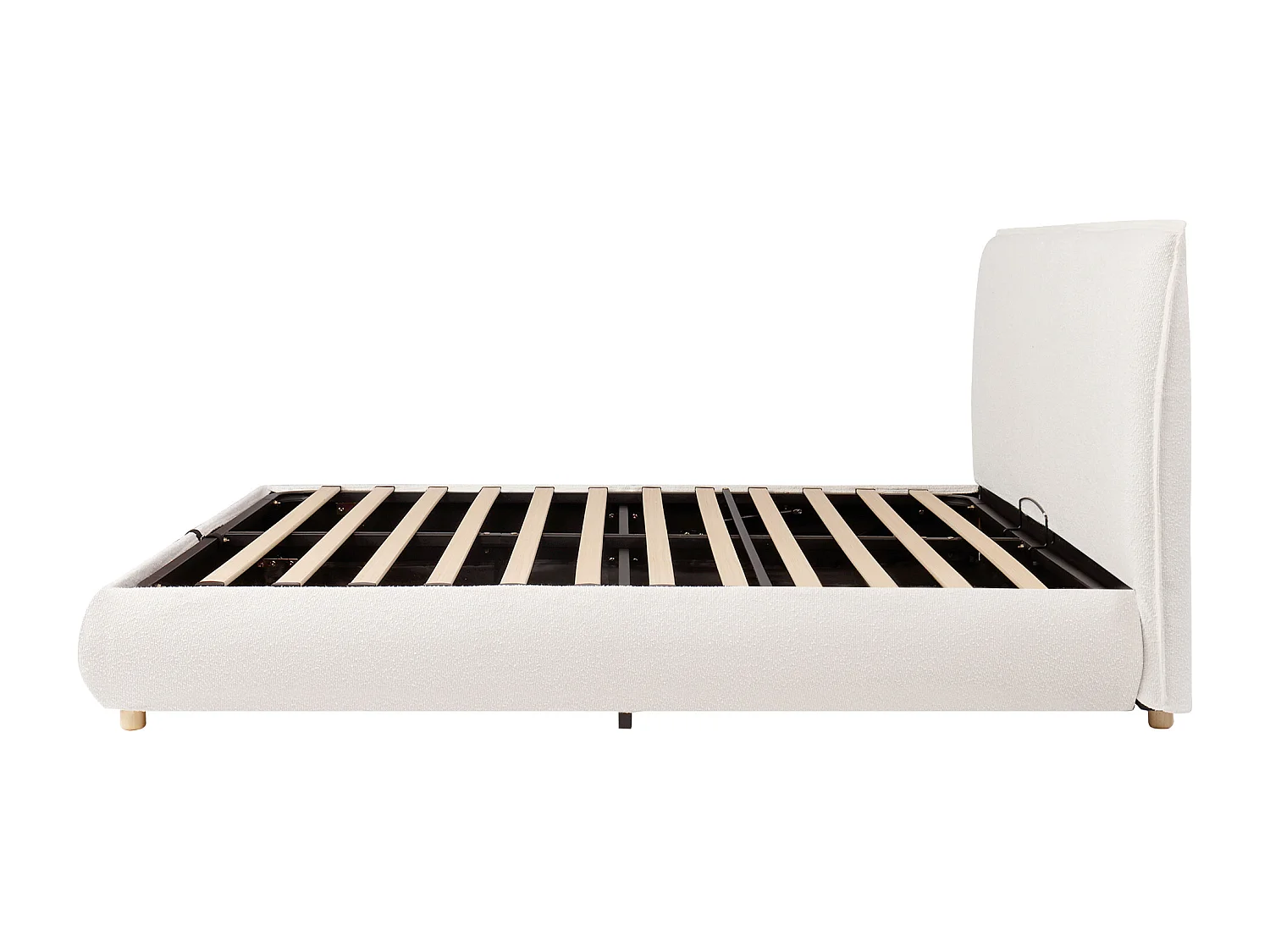 Lit coffre double - 180 x 200 cm - avec rangement hydraulique + tête de lit rembourrée - bouclé - blanc