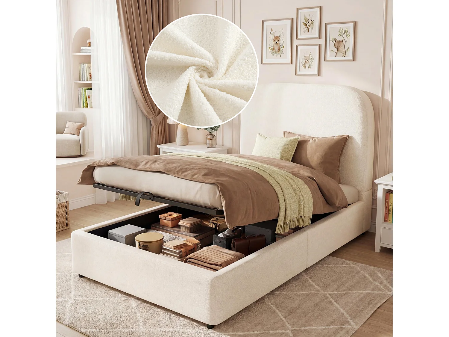 Kinderbett mit Stauraum – 90 x 200 cm – mit gepolstertem Kopfteil und hydraulischem Stauraum – Samt – weiß