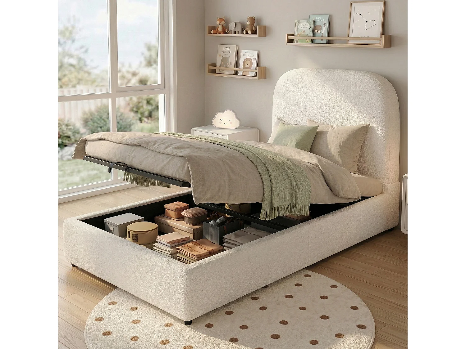 Kinderbett mit Stauraum – 90 x 200 cm – mit gepolstertem Kopfteil und hydraulischem Stauraum – Samt – weiß