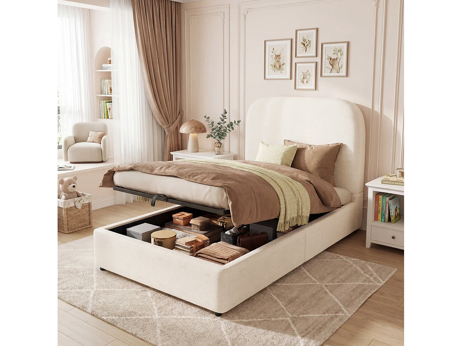 Kinderbett mit Stauraum – 90 x 200 cm – mit gepolstertem Kopfteil und hydraulischem Stauraum – Samt – weiß