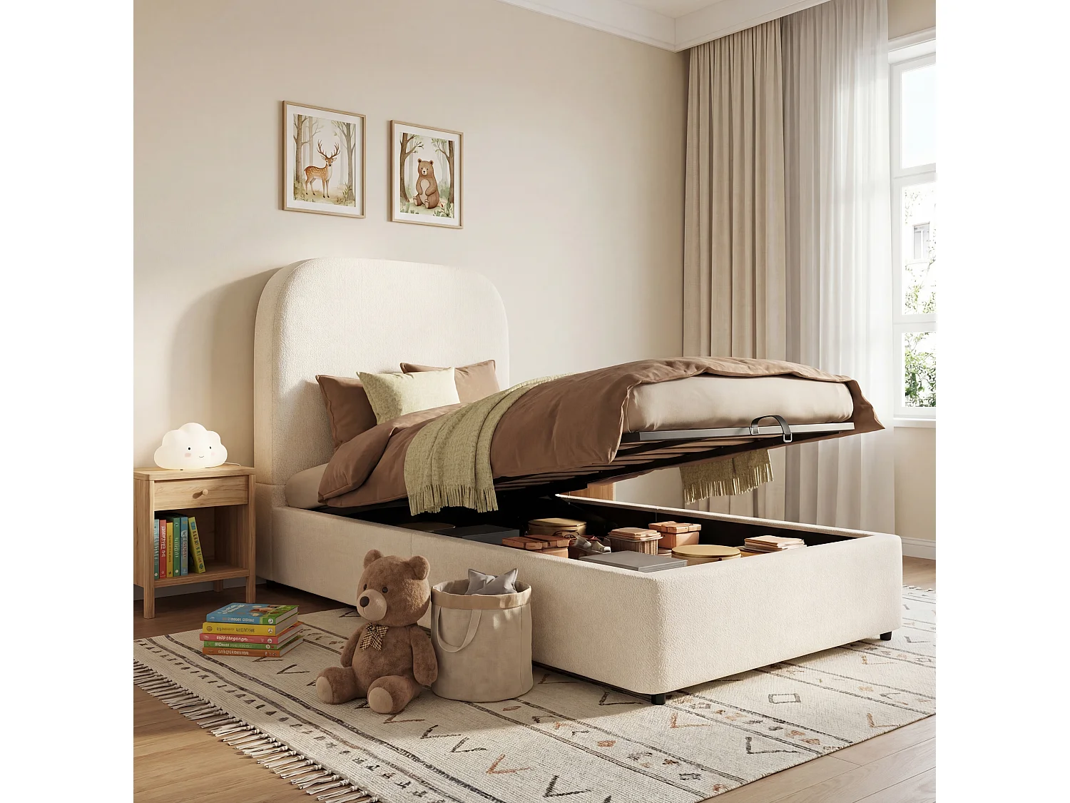 Kinderbett mit Stauraum – 90 x 200 cm – mit gepolstertem Kopfteil und hydraulischem Stauraum – Samt – weiß