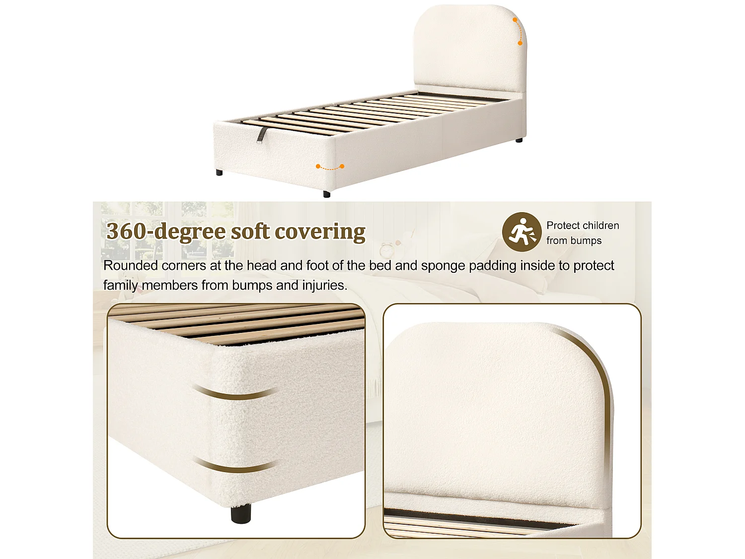 Kinderbett mit Stauraum – 90 x 200 cm – mit gepolstertem Kopfteil und hydraulischem Stauraum – Samt – weiß