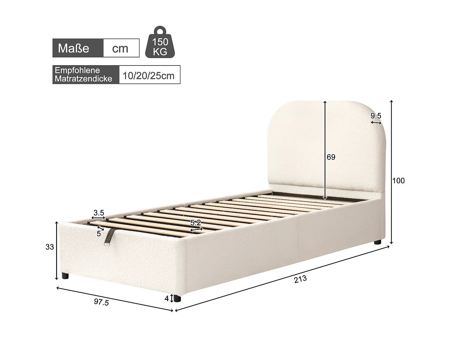 Kinderbett mit Stauraum – 90 x 200 cm – mit gepolstertem Kopfteil und hydraulischem Stauraum – Samt – weiß