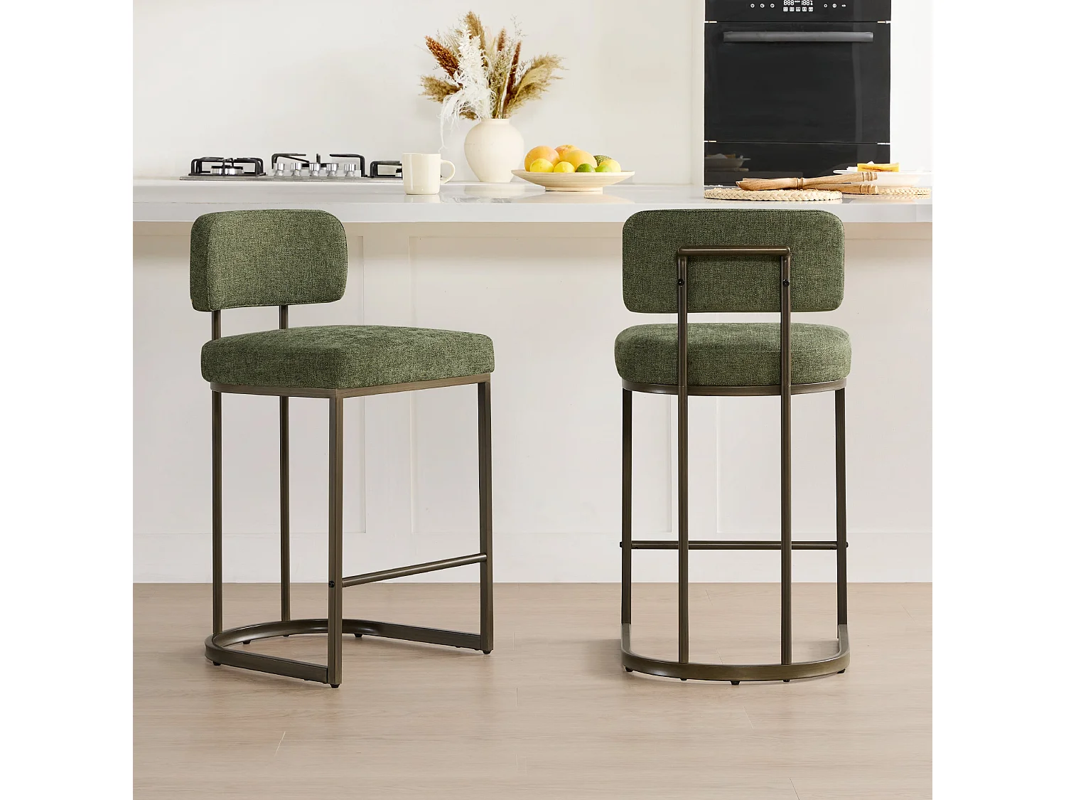 Lot de 2 Tabourets de Bar, Hauteur Comptoir 66 cm Tissu lin, Piètement Métal-Vert
