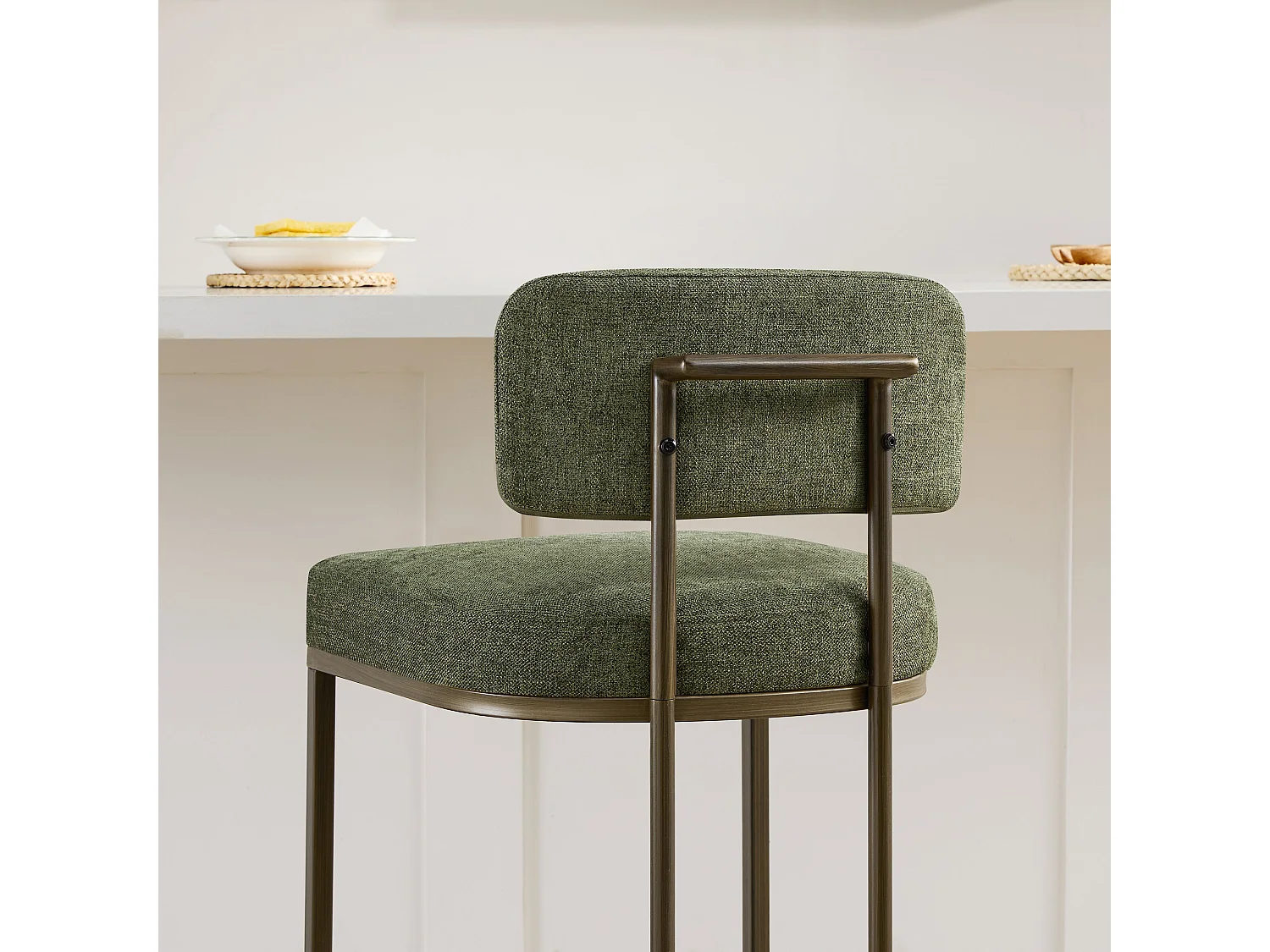 Lot de 2 Tabourets de Bar, Hauteur Comptoir 66 cm Tissu lin, Piètement Métal-Vert