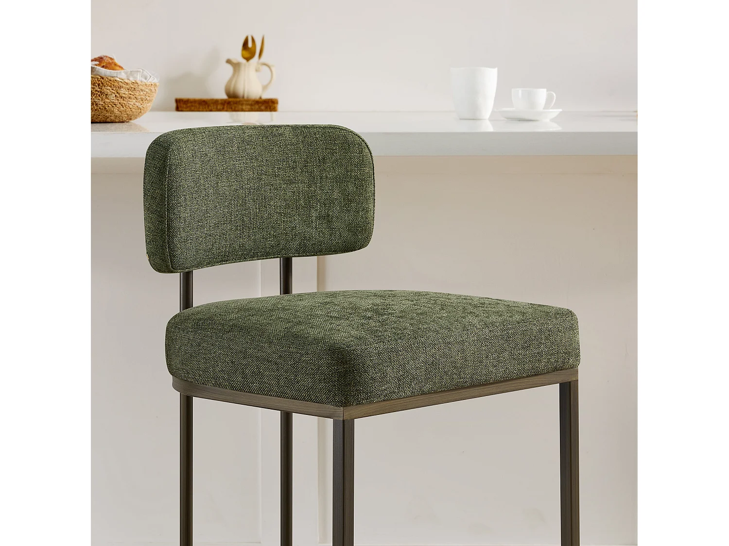 Lot de 2 Tabourets de Bar, Hauteur Comptoir 66 cm Tissu lin, Piètement Métal-Vert
