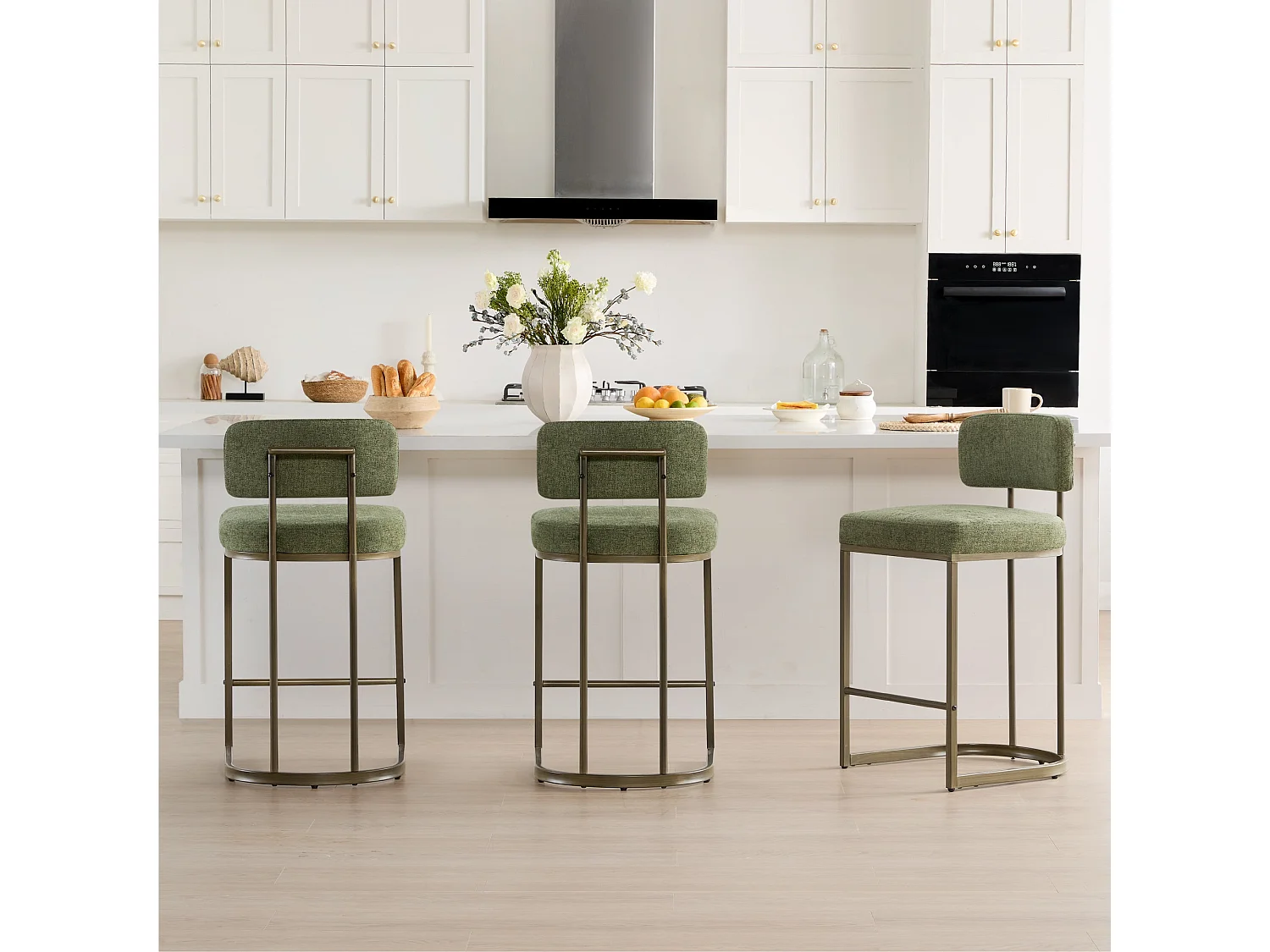 Lot de 2 Tabourets de Bar, Hauteur Comptoir 66 cm Tissu lin, Piètement Métal-Vert