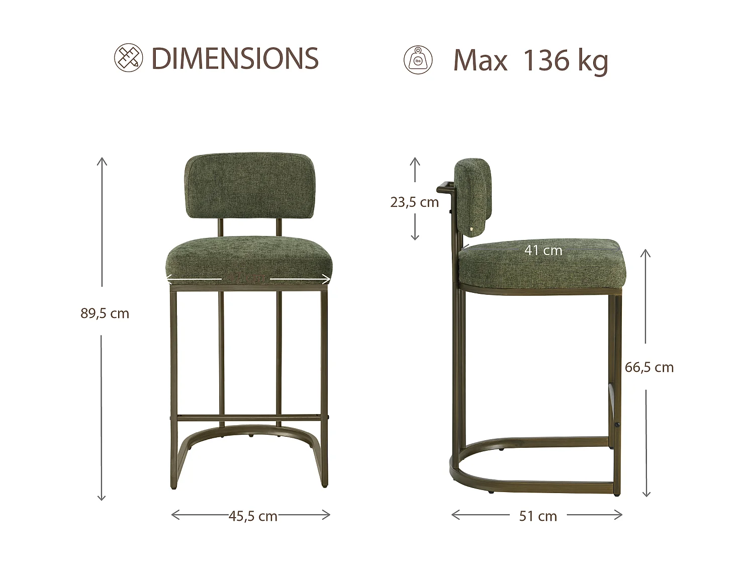 Lot de 2 Tabourets de Bar, Hauteur Comptoir 66 cm Tissu lin, Piètement Métal-Vert