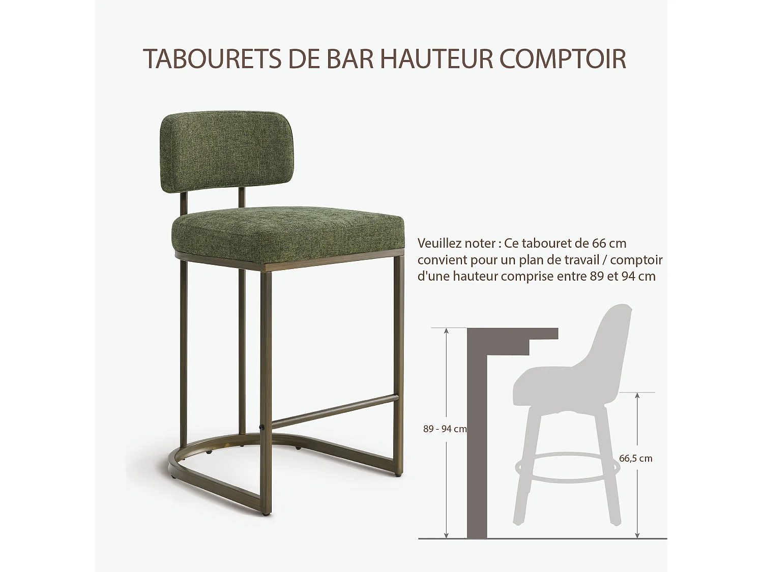 Lot de 2 Tabourets de Bar, Hauteur Comptoir 66 cm Tissu lin, Piètement Métal-Vert
