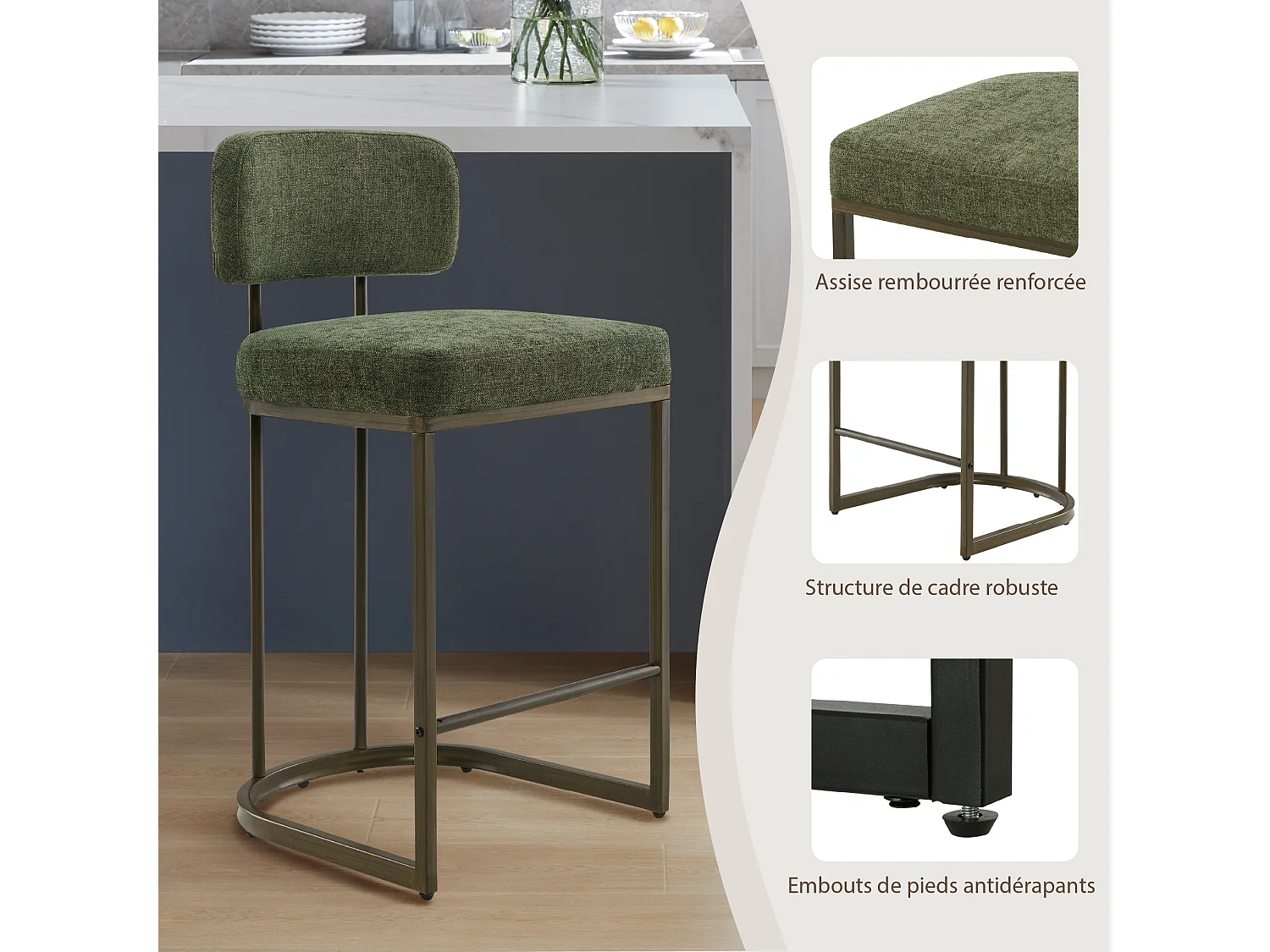 Lot de 2 Tabourets de Bar, Hauteur Comptoir 66 cm Tissu lin, Piètement Métal-Vert