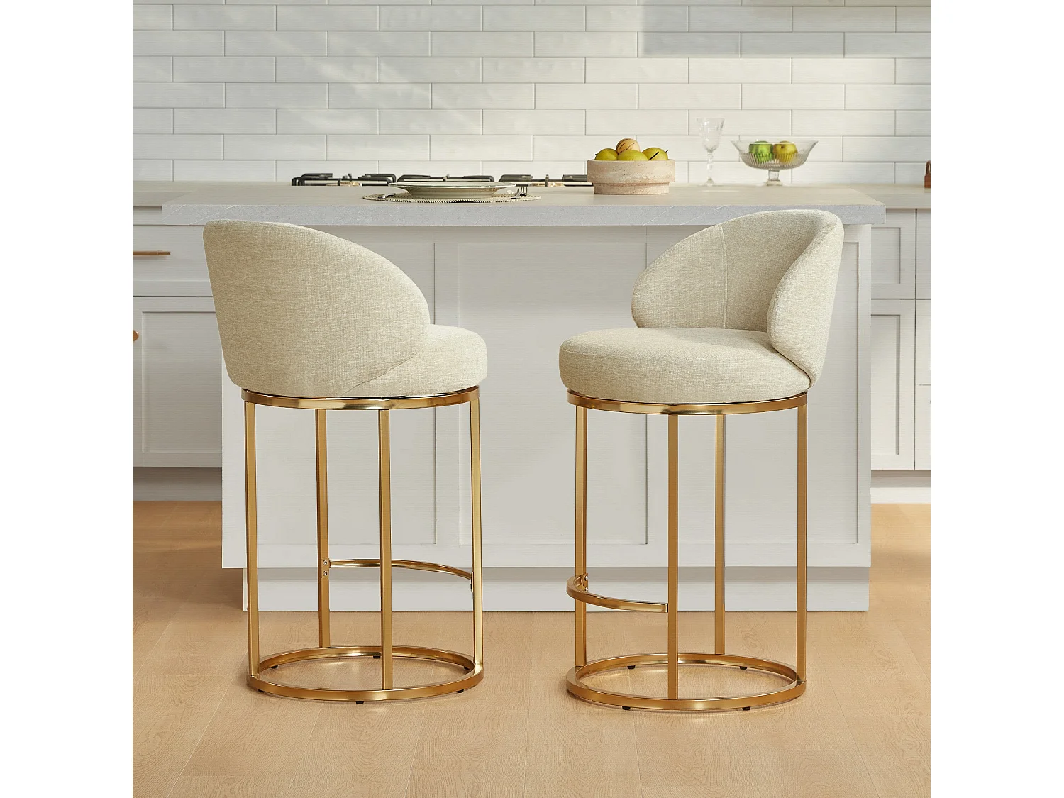 Lot de 2 chaises de bar pivotantes 360°, assise 90,5 cm, chenille, dossier rembourré, idéal pour bar