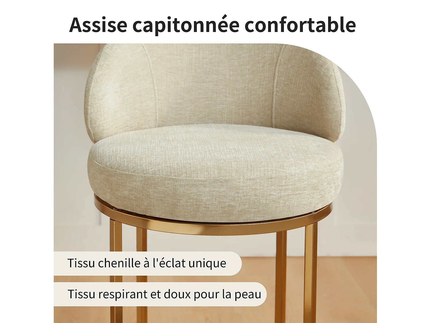 Lot de 2 chaises de bar pivotantes 360°, assise 90,5 cm, chenille, dossier rembourré, idéal pour bar