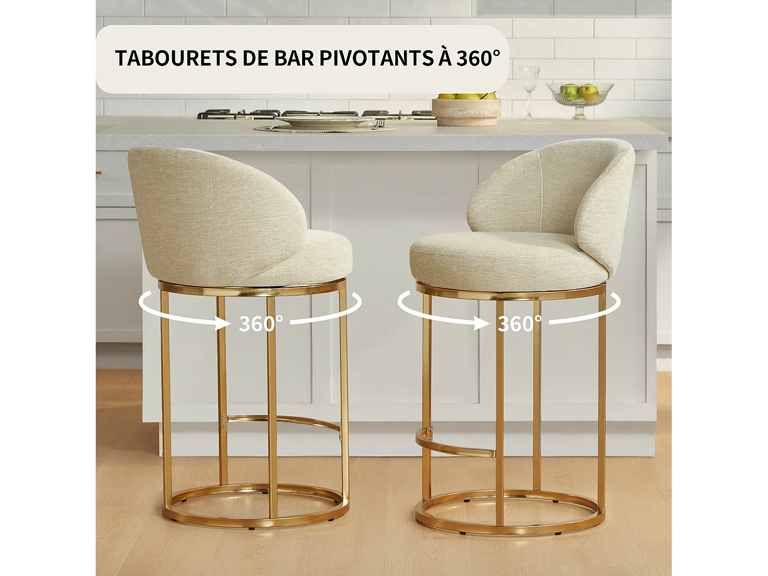 Lot de 2 chaises de bar pivotantes 360°, assise 90,5 cm, chenille, dossier rembourré, idéal pour bar
