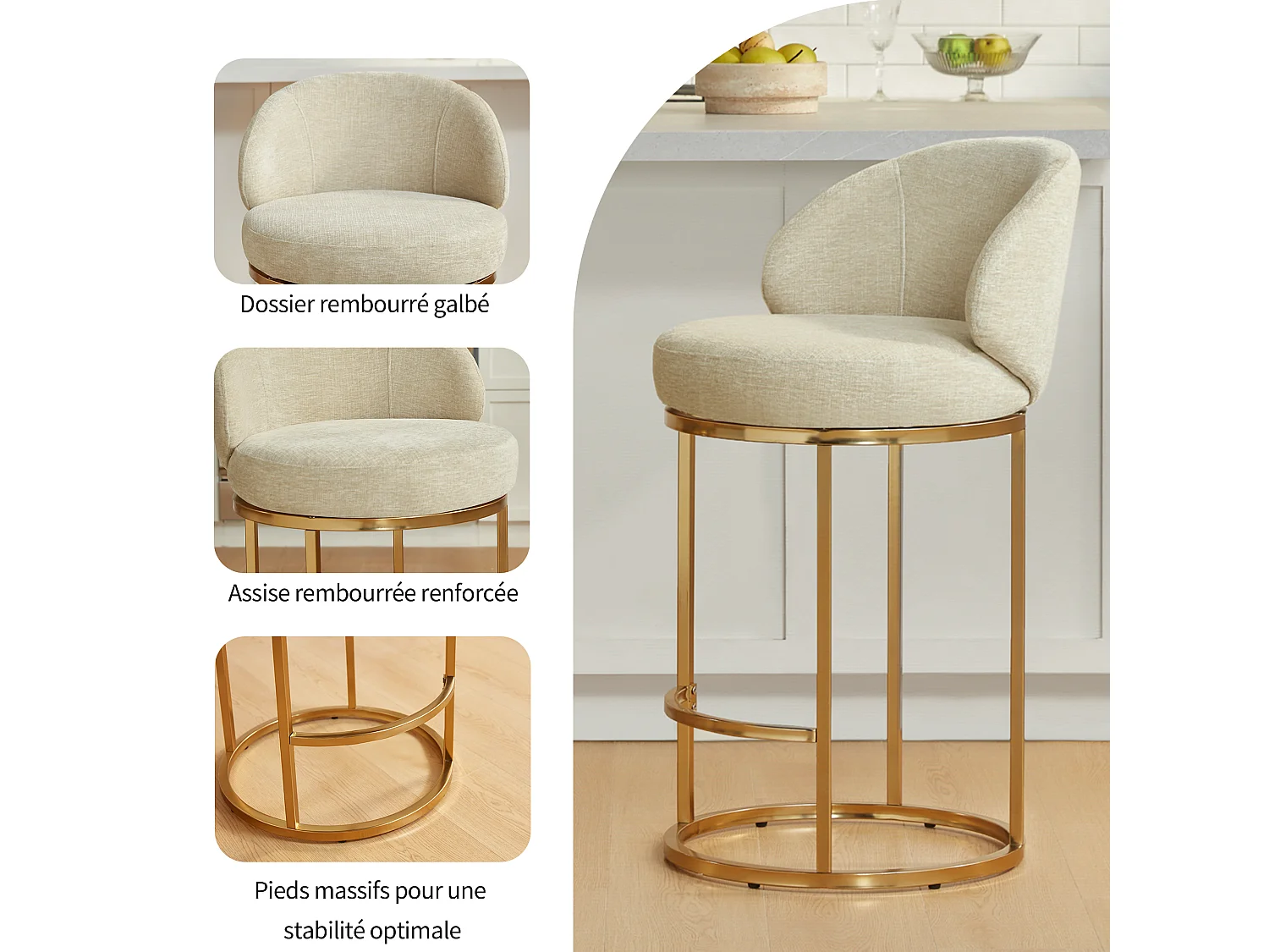 Lot de 2 chaises de bar pivotantes 360°, assise 90,5 cm, chenille, dossier rembourré, idéal pour bar