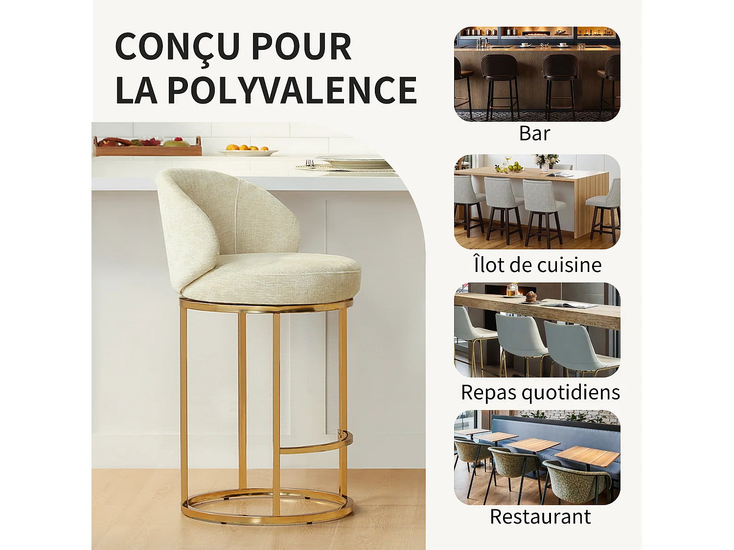 Lot de 2 chaises de bar pivotantes 360°, assise 90,5 cm, chenille, dossier rembourré, idéal pour bar