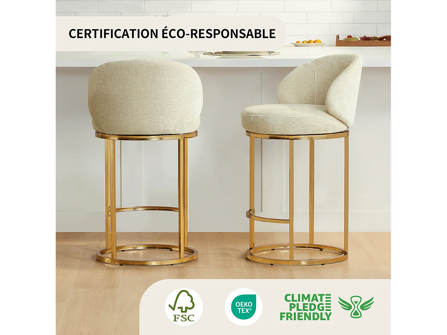 Lot de 2 chaises de bar pivotantes 360°, assise 90,5 cm, chenille, dossier rembourré, idéal pour bar