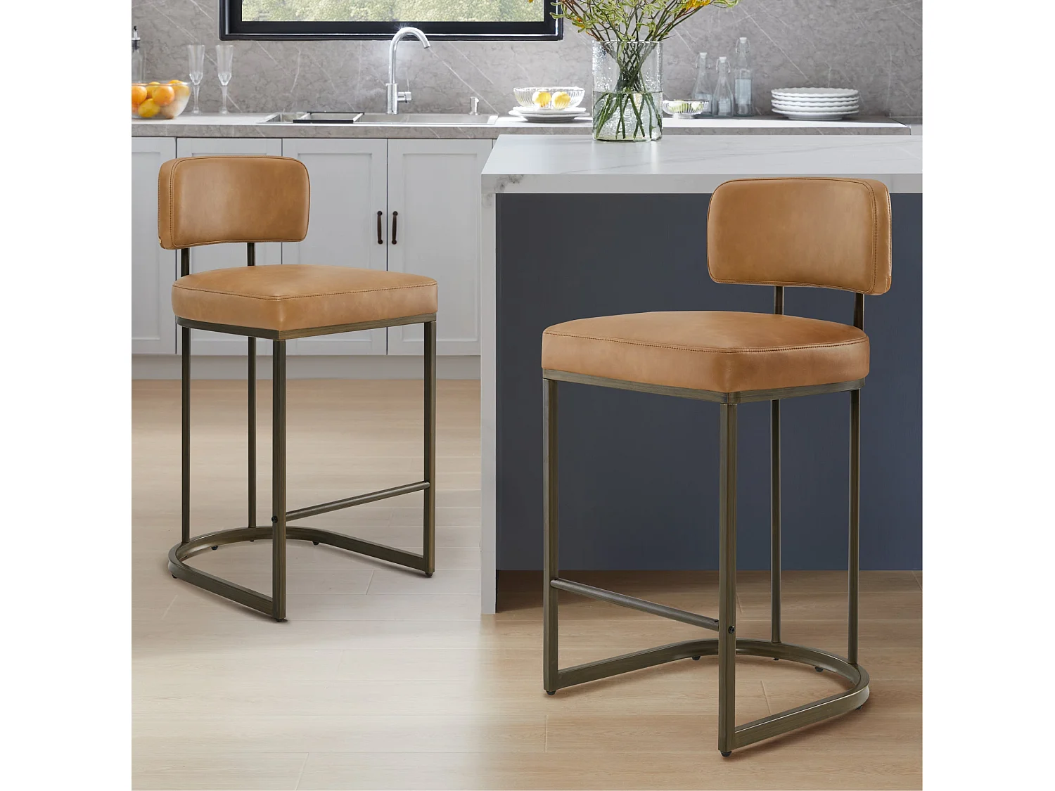 Lot de 2 tabourets de bar hauteur comptoir 66 cm, similicuir, pour îlot-Marron