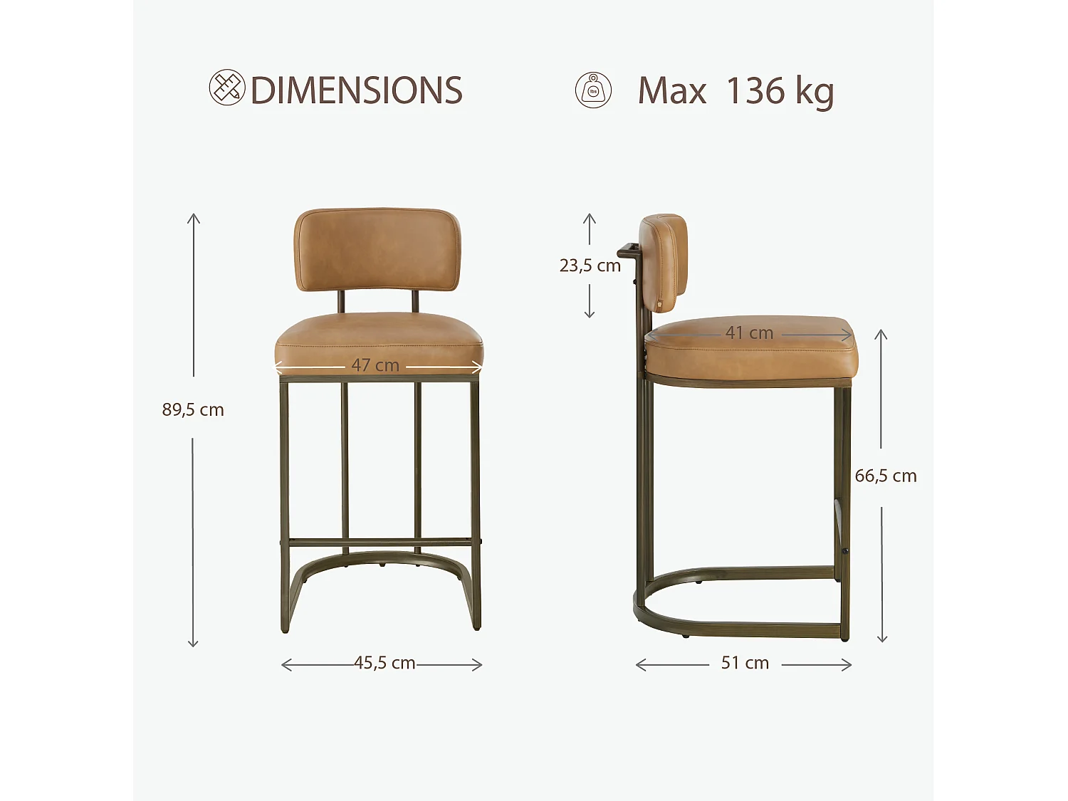 Lot de 2 tabourets de bar hauteur comptoir 66 cm, similicuir, pour îlot-Marron