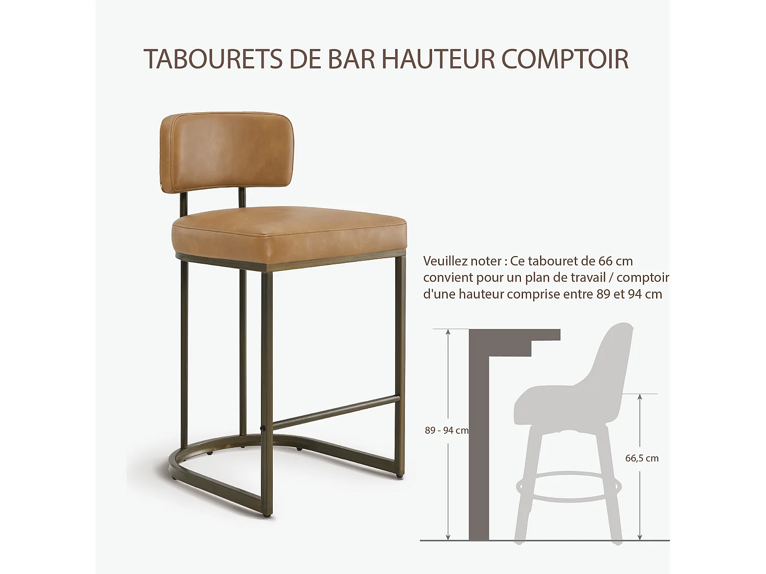 Lot de 2 tabourets de bar hauteur comptoir 66 cm, similicuir, pour îlot-Marron