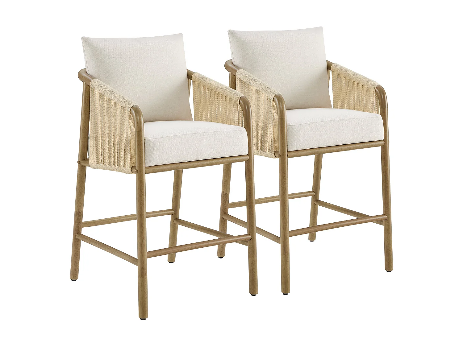 Lot de 2 tabourets de bar, assise rembourrée tissu, dossier accoudoirs,pour îlot et bar-Beige