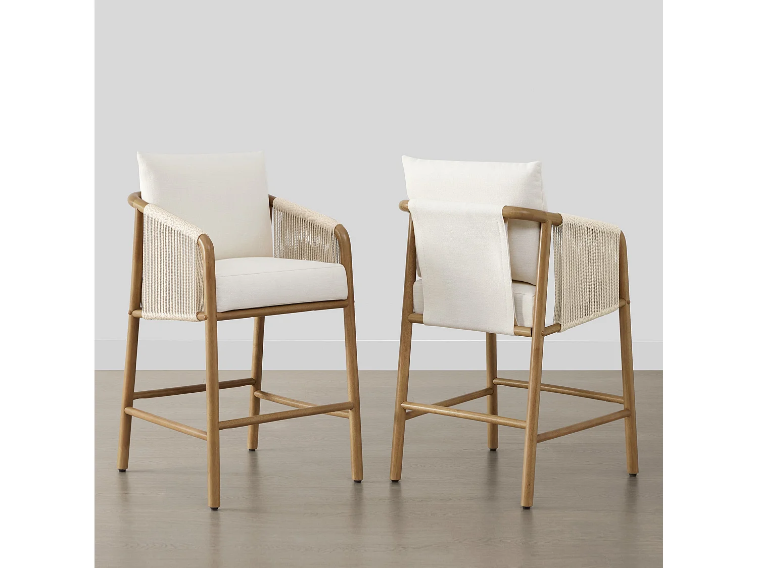 Lot de 2 tabourets de bar, assise rembourrée tissu, dossier accoudoirs,pour îlot et bar-Beige