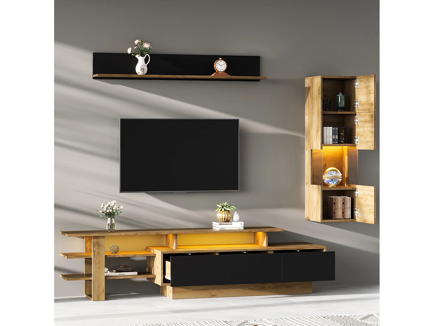 3-teiliges Wohnzimmer-Möbelset – mit TV-Ständer, Vitrine, Wandregal, 3 Schubladen und LED-Beleuchtung – Acryl + MDF – Natur + Schwarz