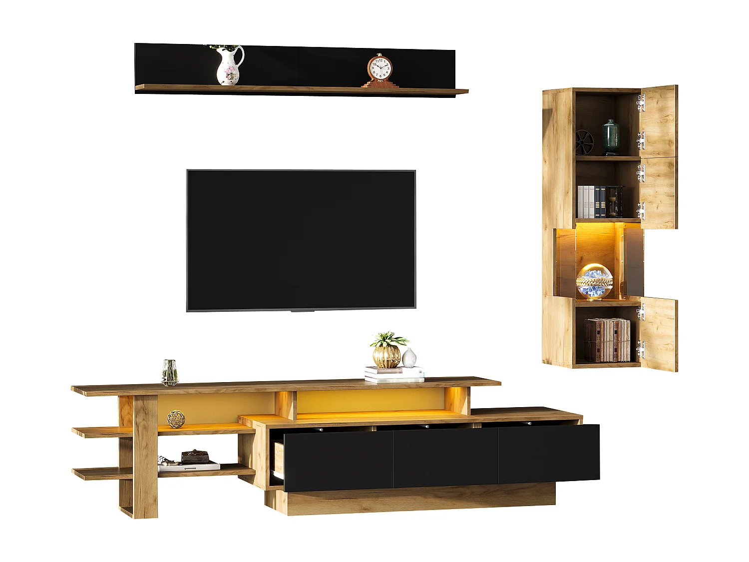3-teiliges Wohnzimmer-Möbelset – mit TV-Ständer, Vitrine, Wandregal, 3 Schubladen und LED-Beleuchtung – Acryl + MDF – Natur + Schwarz