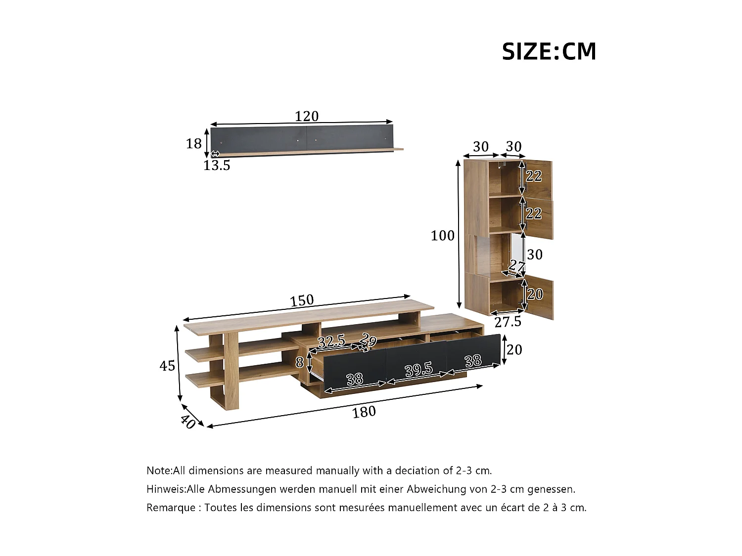 3-teiliges Wohnzimmer-Möbelset – mit TV-Ständer, Vitrine, Wandregal, 3 Schubladen und LED-Beleuchtung – Acryl + MDF – Natur + Schwarz