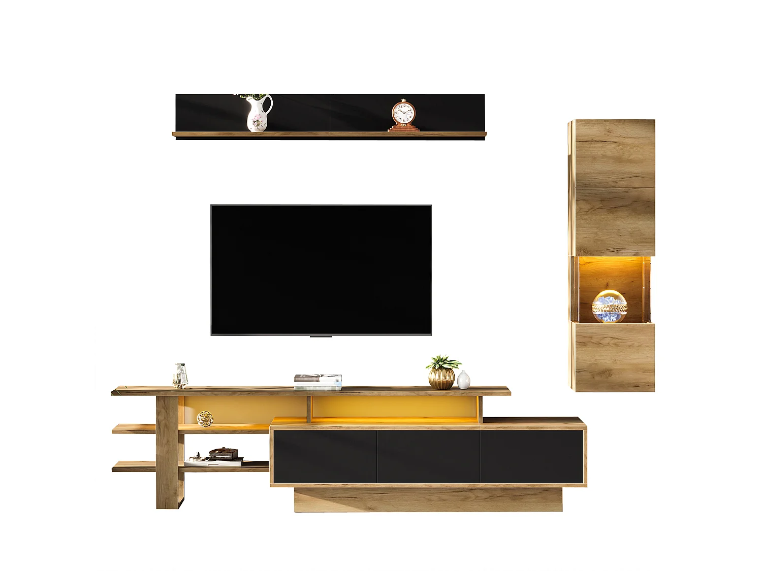 3-teiliges Wohnzimmer-Möbelset – mit TV-Ständer, Vitrine, Wandregal, 3 Schubladen und LED-Beleuchtung – Acryl + MDF – Natur + Schwarz