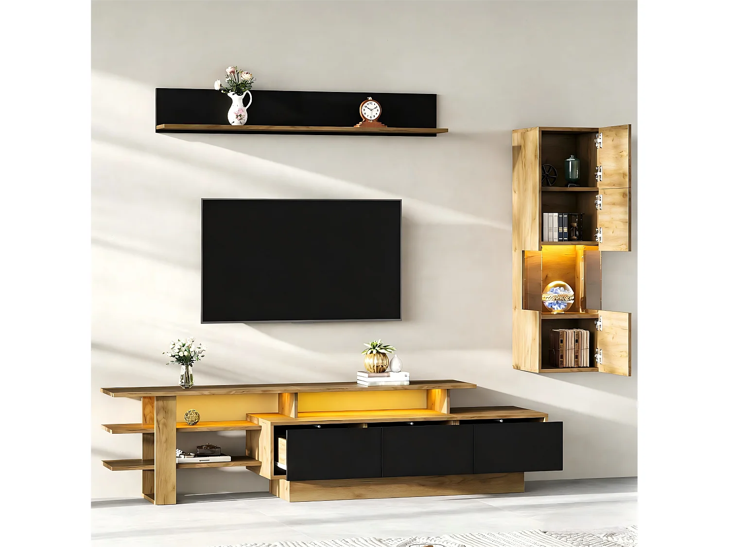 3-teiliges Wohnzimmer-Möbelset – mit TV-Ständer, Vitrine, Wandregal, 3 Schubladen und LED-Beleuchtung – Acryl + MDF – Natur + Schwarz