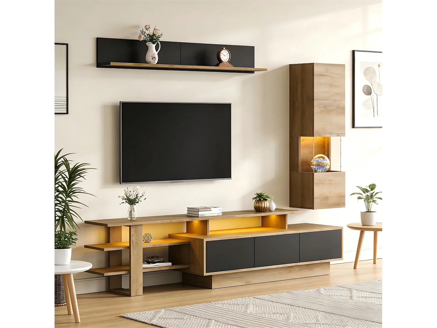 3-teiliges Wohnzimmer-Möbelset – mit TV-Ständer, Vitrine, Wandregal, 3 Schubladen und LED-Beleuchtung – Acryl + MDF – Natur + Schwarz