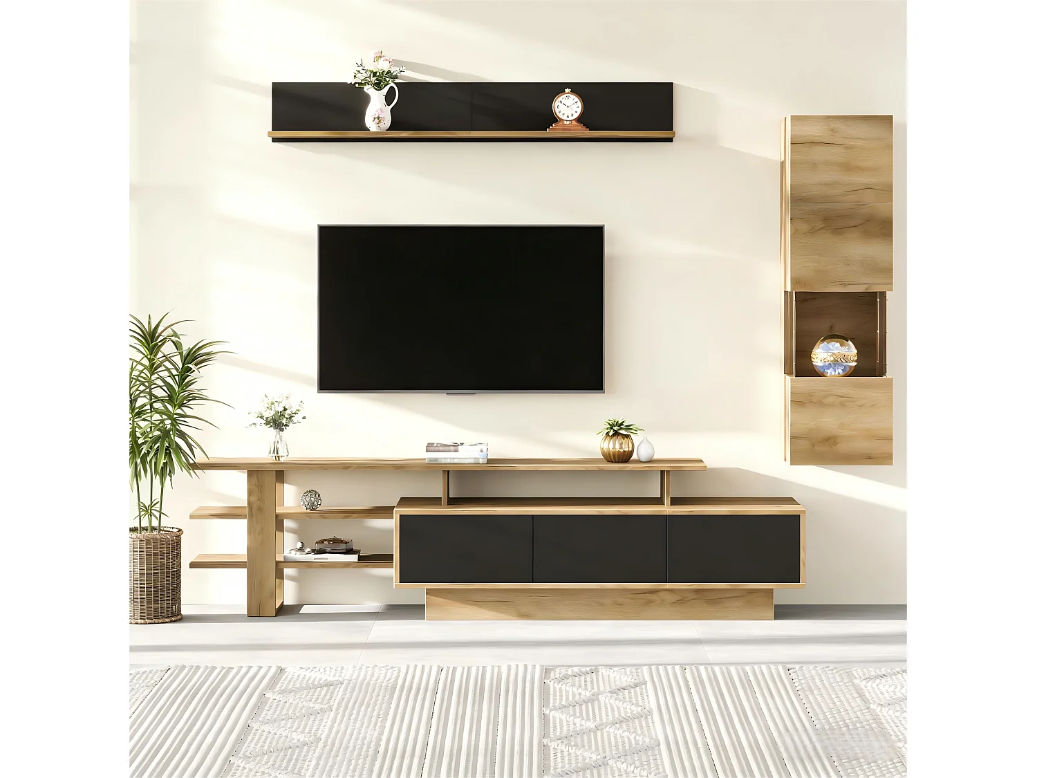 3-teiliges Wohnzimmer-Möbelset – mit TV-Ständer, Vitrine, Wandregal, 3 Schubladen und LED-Beleuchtung – Acryl + MDF – Natur + Schwarz