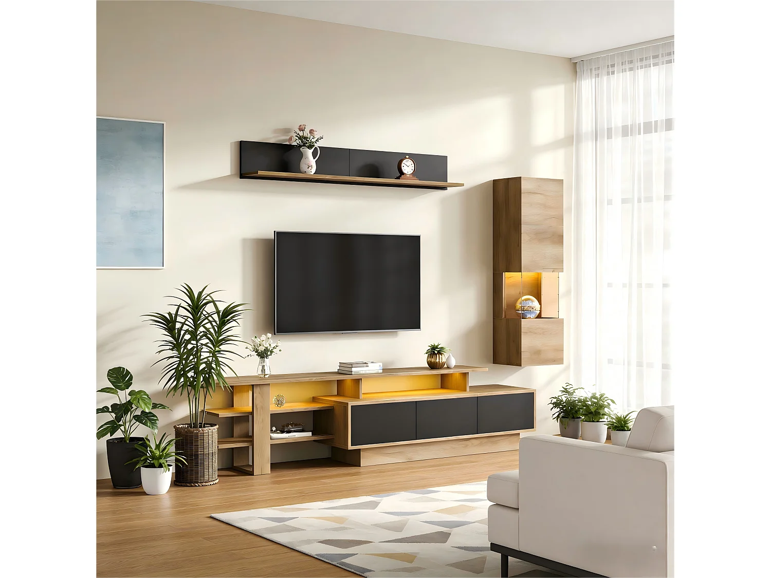 3-teiliges Wohnzimmer-Möbelset – mit TV-Ständer, Vitrine, Wandregal, 3 Schubladen und LED-Beleuchtung – Acryl + MDF – Natur + Schwarz