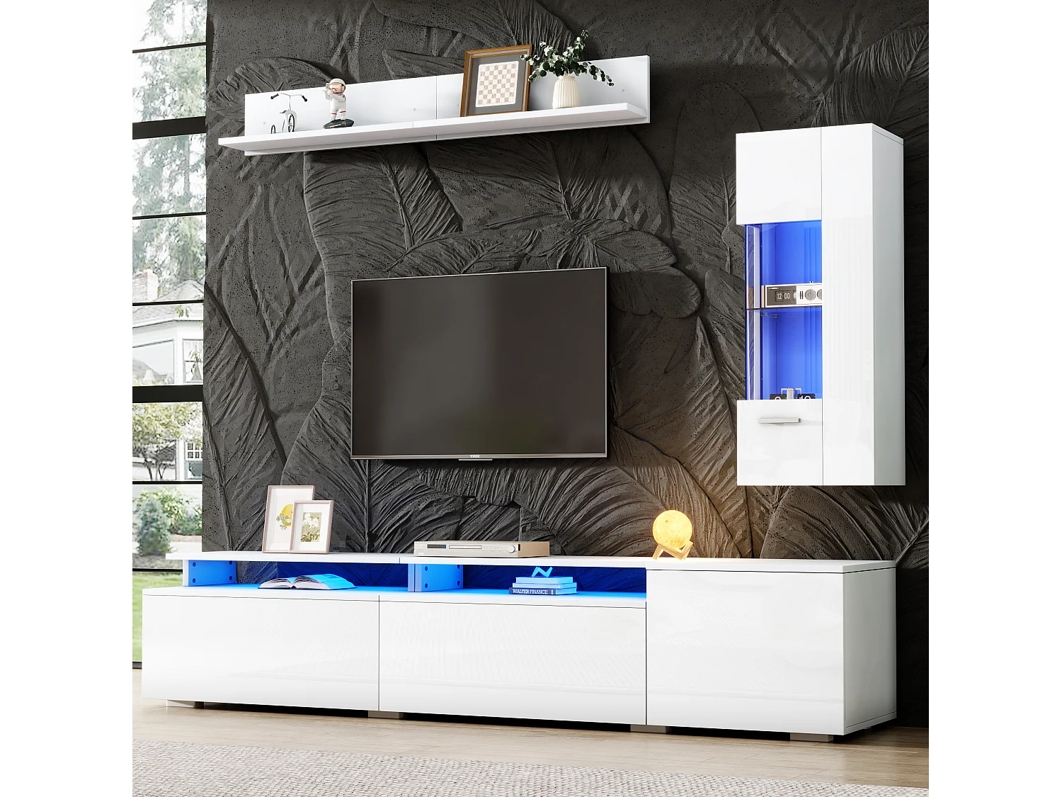 3-teiliges Wohnzimmer-Möbelset – mit TV-Ständer, Vitrine, Wandregal und LED-Beleuchtung – Acryl + MDF – weiß