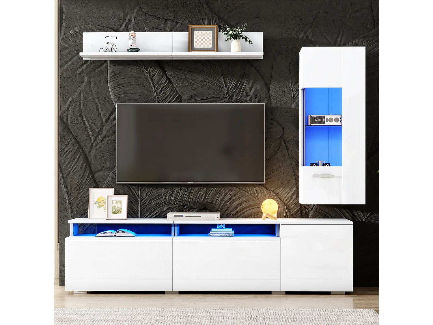 3-teiliges Wohnzimmer-Möbelset – mit TV-Ständer, Vitrine, Wandregal und LED-Beleuchtung – Acryl + MDF – weiß
