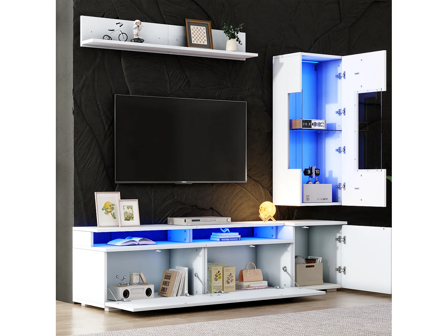 3-teiliges Wohnzimmer-Möbelset – mit TV-Ständer, Vitrine, Wandregal und LED-Beleuchtung – Acryl + MDF – weiß