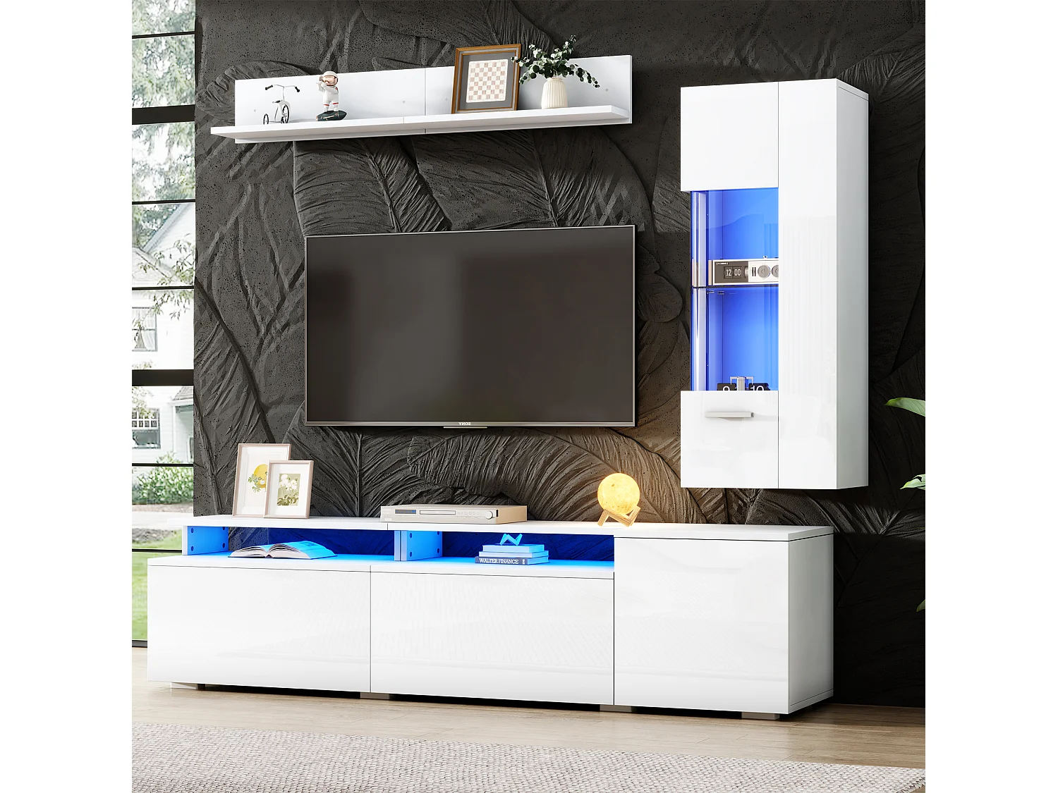 3-teiliges Wohnzimmer-Möbelset – mit TV-Ständer, Vitrine, Wandregal und LED-Beleuchtung – Acryl + MDF – weiß