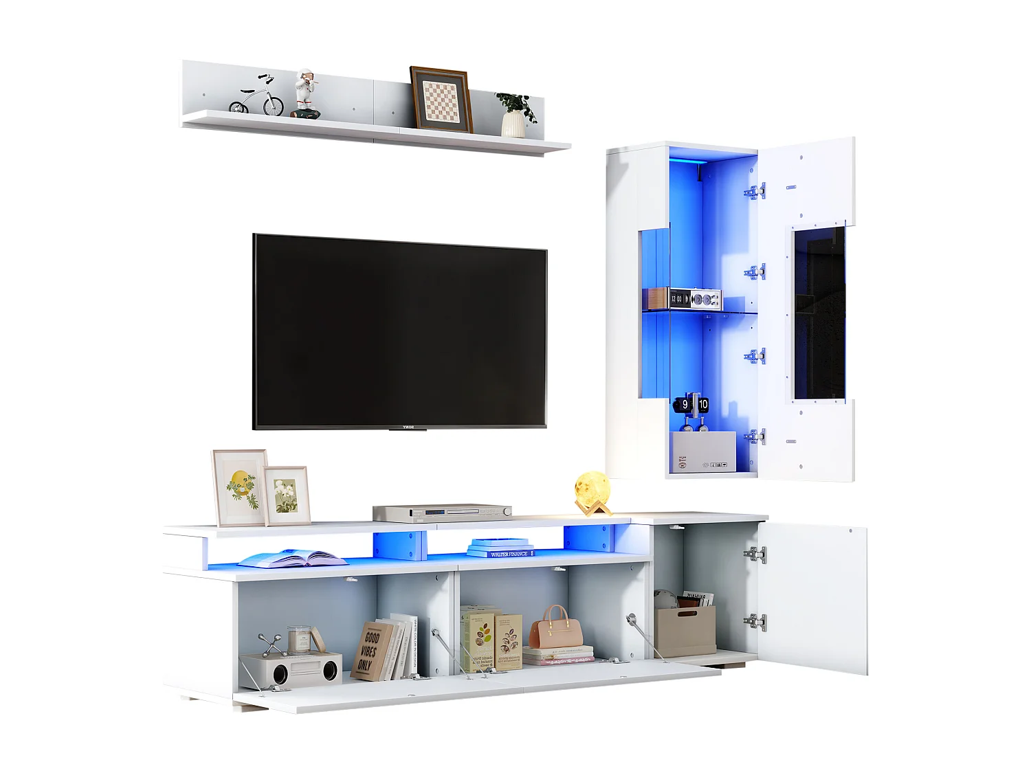 3-teiliges Wohnzimmer-Möbelset – mit TV-Ständer, Vitrine, Wandregal und LED-Beleuchtung – Acryl + MDF – weiß