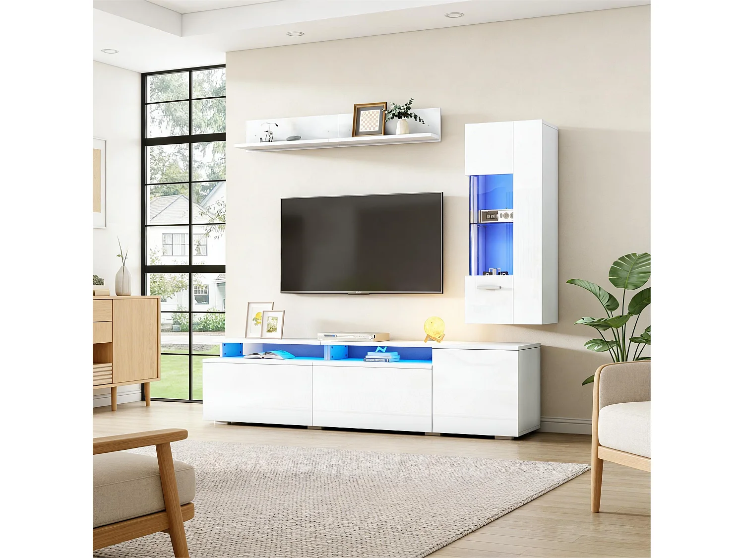 3-teiliges Wohnzimmer-Möbelset – mit TV-Ständer, Vitrine, Wandregal und LED-Beleuchtung – Acryl + MDF – weiß