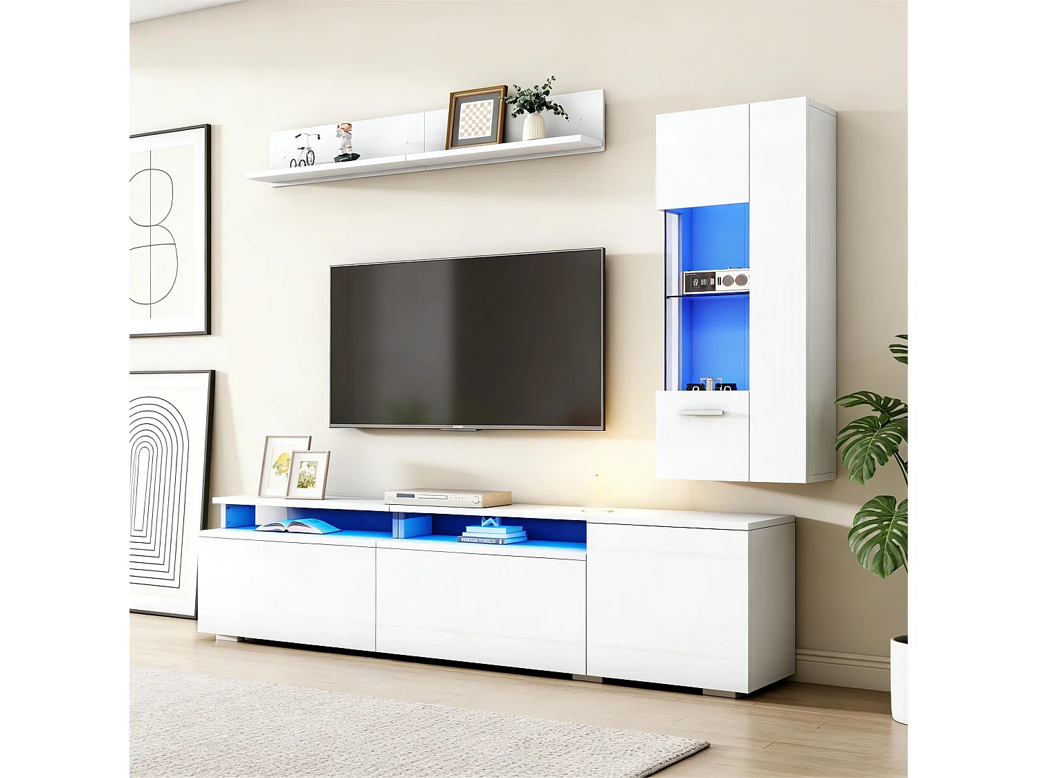 3-teiliges Wohnzimmer-Möbelset – mit TV-Ständer, Vitrine, Wandregal und LED-Beleuchtung – Acryl + MDF – weiß