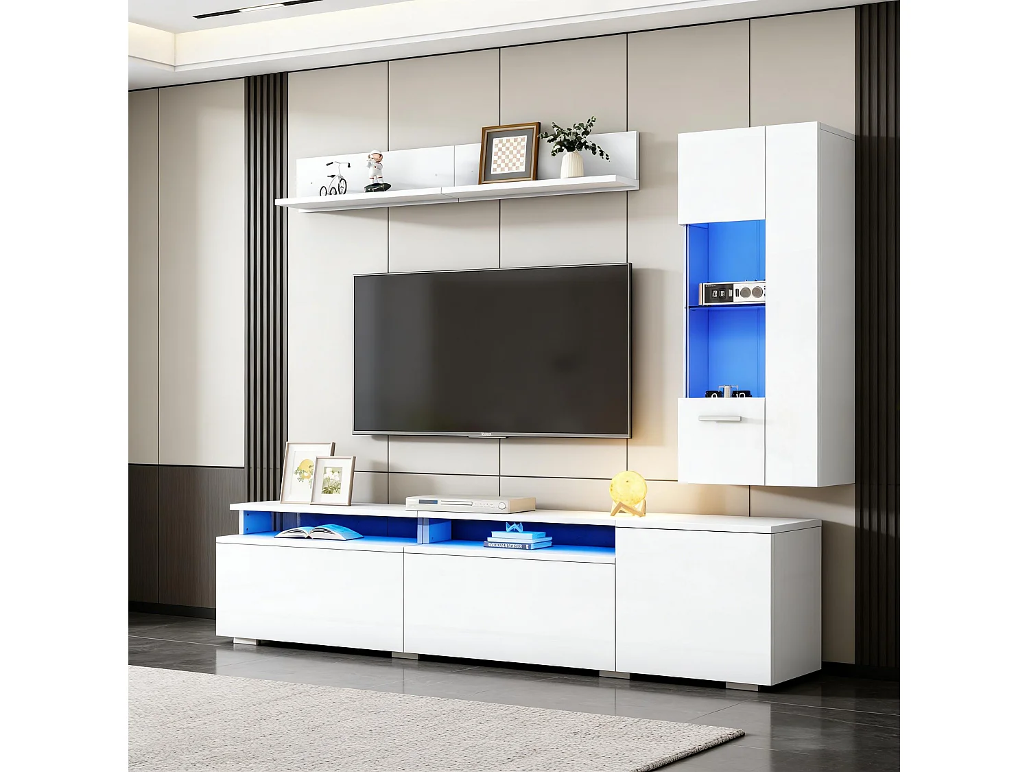 3-teiliges Wohnzimmer-Möbelset – mit TV-Ständer, Vitrine, Wandregal und LED-Beleuchtung – Acryl + MDF – weiß
