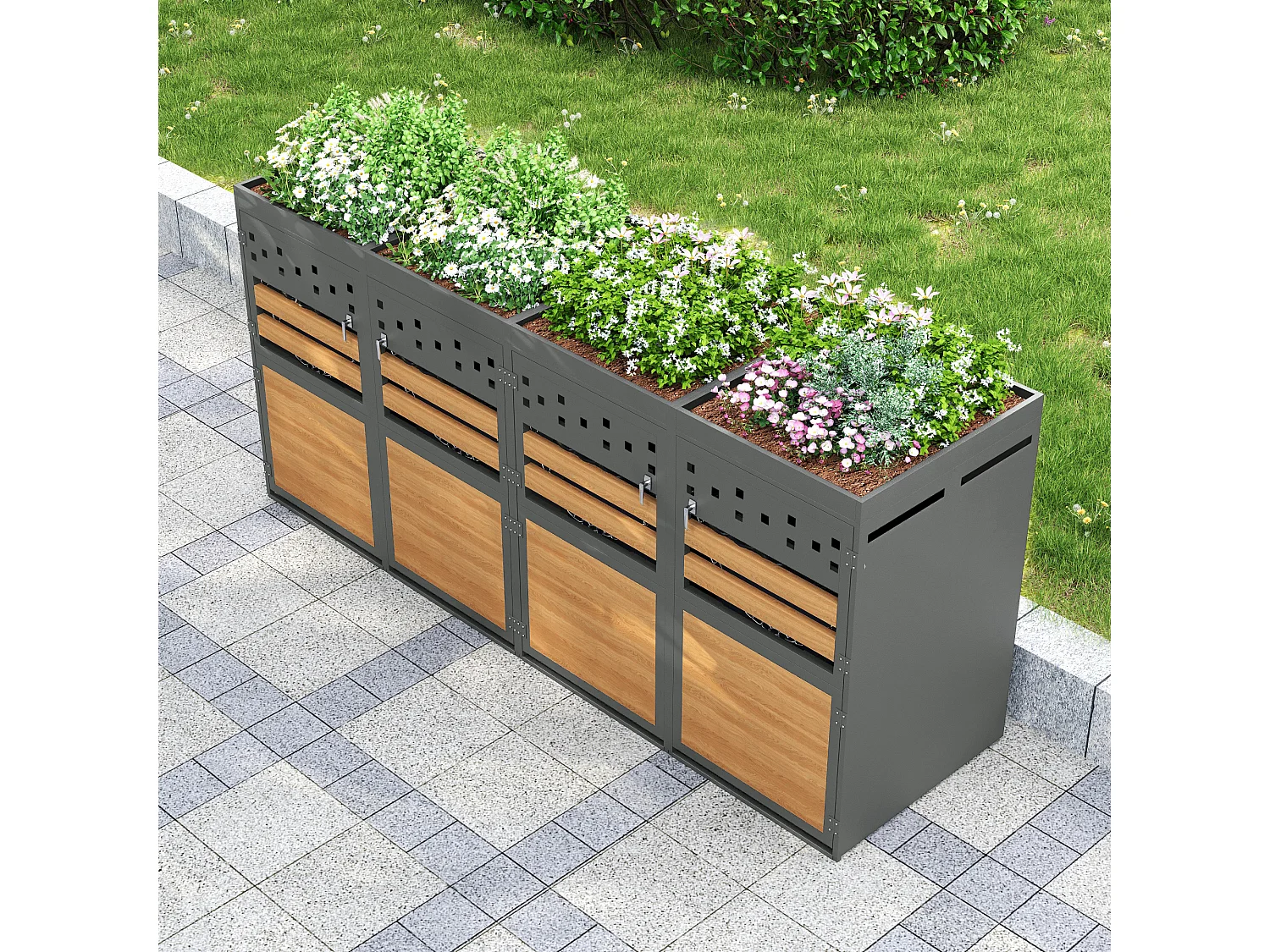 Abri pour 4 poubelles de jardin(120-240 litres)- 2 x 132 x 80 x 125 cm - avec toit végétalisé + serrure + 4 portes - métal - gris